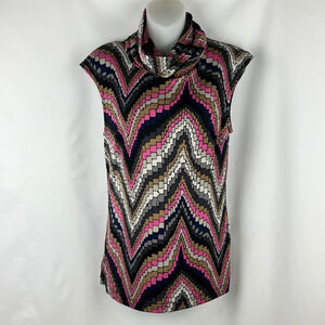 Trina Turk High Neck Geometric Print Silk Blouse Top Pink,‎ Grey, Black Size M